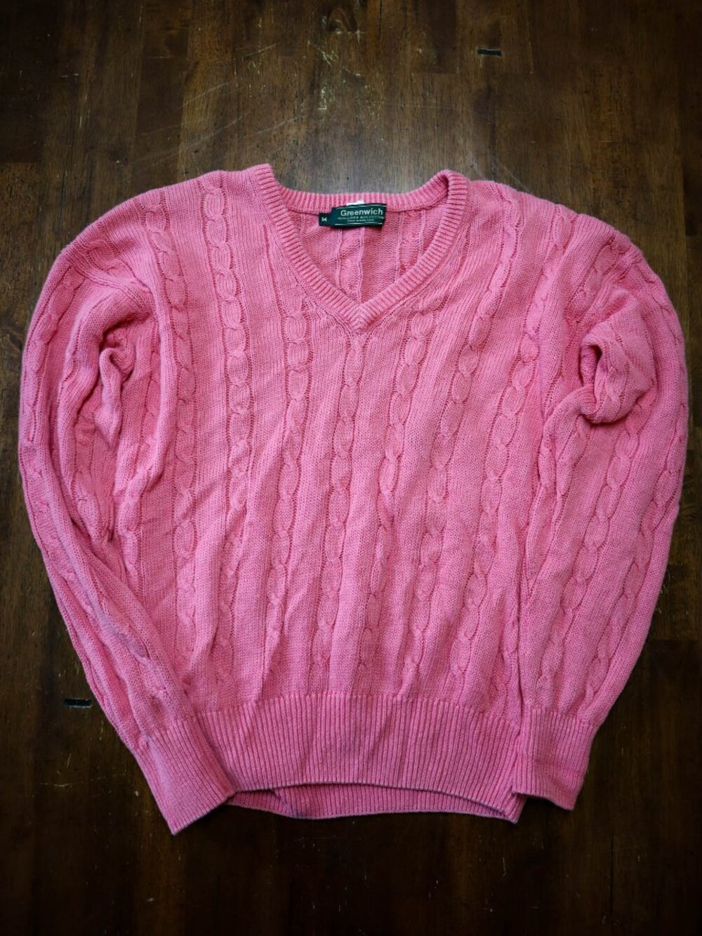 Vtg Greenwich Linen Cotton Cable Knit Sweater Sz M '80s Pink Preppy Barbiecore